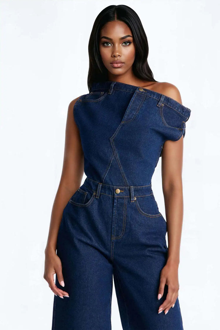 Jumpsuits Women Denim One Piece Short Sleeve Overalls Knee Length Pants Tight Waist Rompers Y2k Streetwear Slash Neck 2026