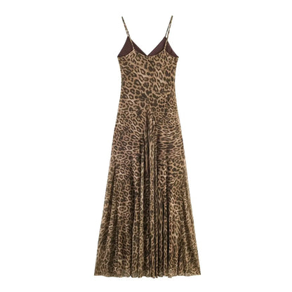 Ladies Sexy Summer Dress Women Vintage Leopard Print Sling Dress Party Suspender Sleeveless Backless Slimming Maxi Dress Female