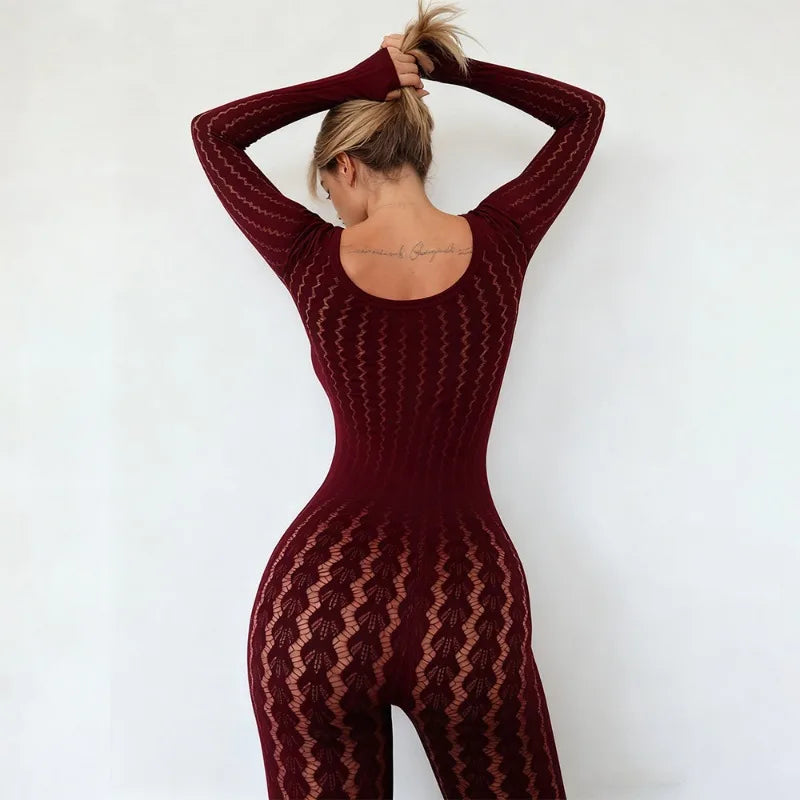 Sheer Hollow Out Jumpsuits Women Summer Round Neck Long Sleeve High Stretch One Piece Jumpsuit Rompers Thin Sexy Overalls