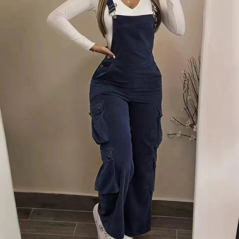 Y2K Casual Solid Strappy Bodysuit Sexy High Waist Ribbed Corduroy Overalls Spring Summer Cargo Pocket Wide Leg Women's Jumpsuits