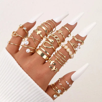 Boho Gold Color Rings Set For Women Fashion Cubic Zircon Heart Star Moon Flower Finger Rings Female Simple Trendy Jewelry Gifts