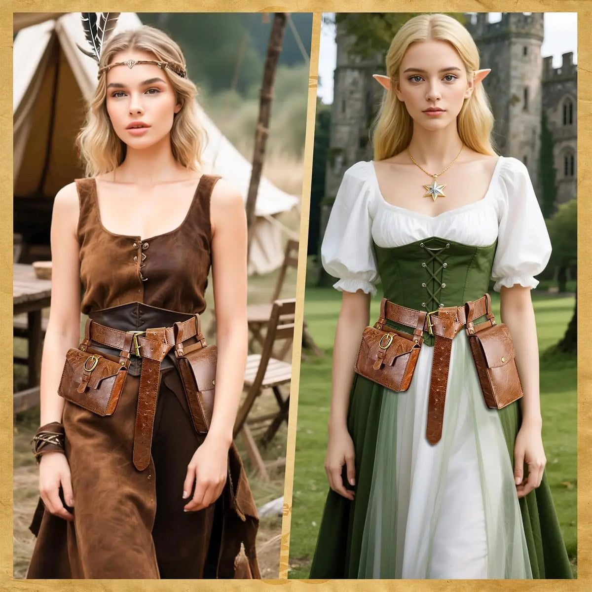 3pcs Medieval PU Leather Belt/Waist Pack Set for Men and Women, Steampunk Phone Clip, Viking Role Playing and Renaissance Activi
