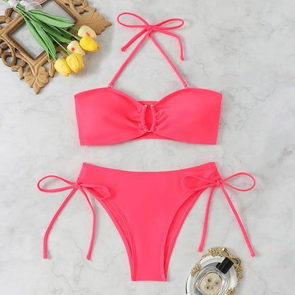 High Waist Bikini Women's Swimsuit 2026 Knotted Bathing Suits Woman Swimwear Bandeau Push Up Bikinis Sets Brazilian Beach Wear