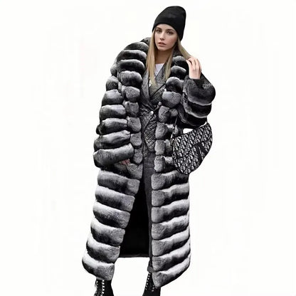 Best Selling Real Rex Rabbit Fur Coat Women Long Chinchilla Fur Coat Winter Women's Fur Jackets Brand Contrast Warm