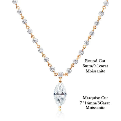 3MM Round Bubble Moissanite Diamond Tennis Neclace With 3carat Marquise Cut Pendant Neck Chain For Women 925 Silver Fine Jewelry