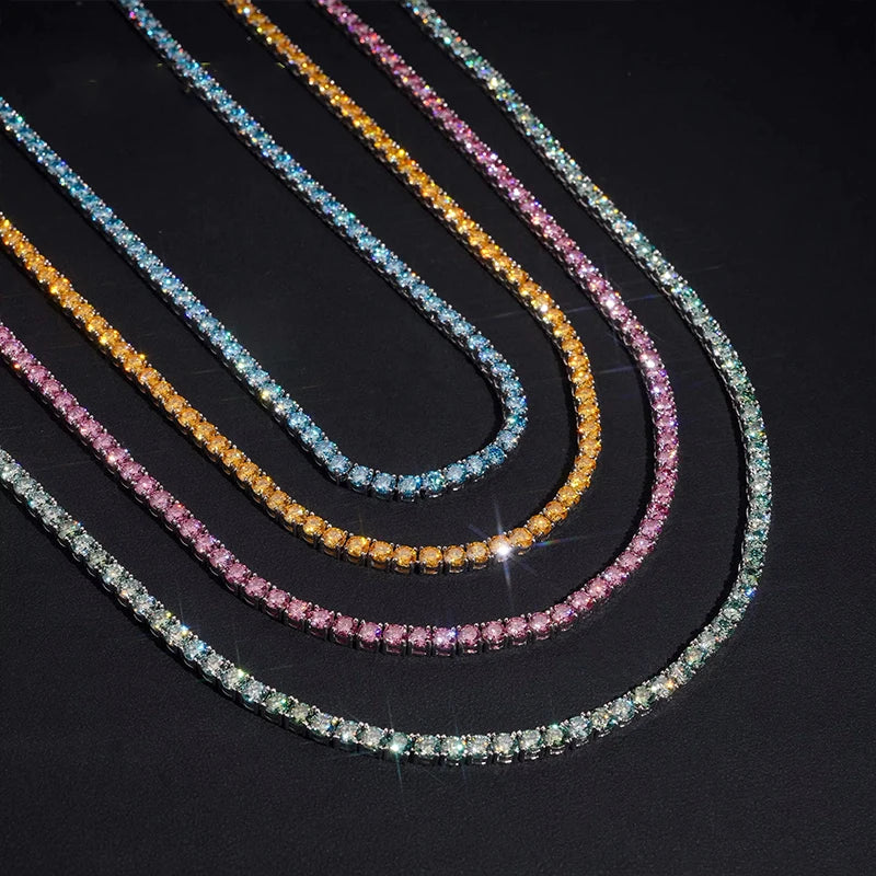 Hiphop 3-4mm Golden Yellow Moissanite Tennis Chain Bracelet Necklace S925 Silver Blue Moissanite Tennis Mecklace
