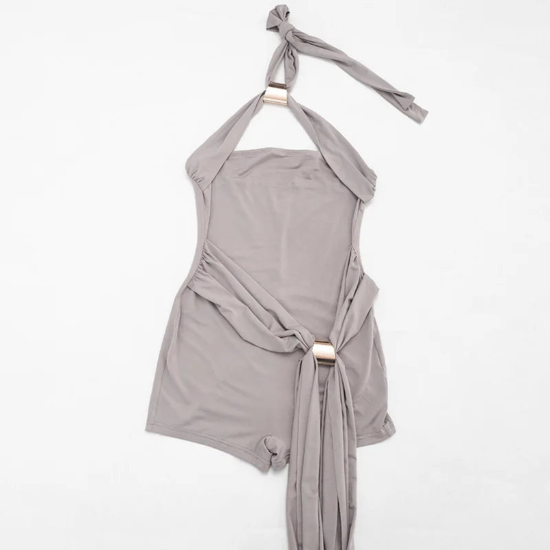 Joskaa Sexy Backless Bandage Playsuits Women Summer Trend Halter  Sleeveless Ribbons Skinny Rompers Holiday Elegant Outwear