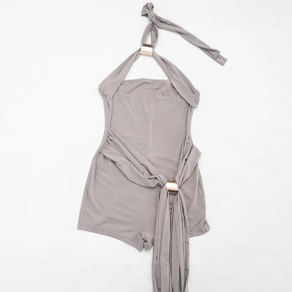 Joskaa Sexy Backless Bandage Playsuits Women Summer Trend Halter  Sleeveless Ribbons Skinny Rompers Holiday Elegant Outwear