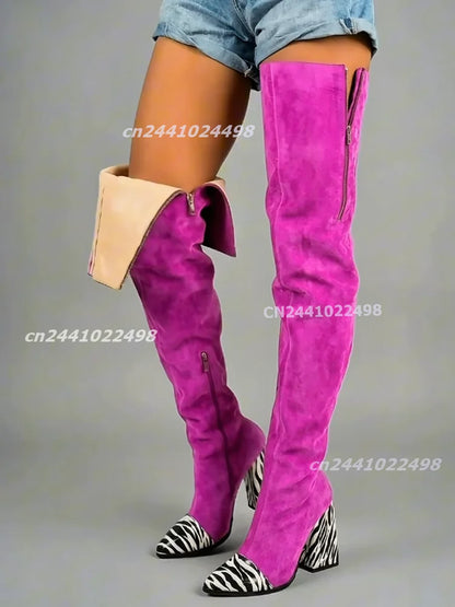 Women's Suede Zebra Print Patchwork Over the Knee Boots Pointed Toe Chunky High Heels Side Zipper Fold Over Thigh High Boots
