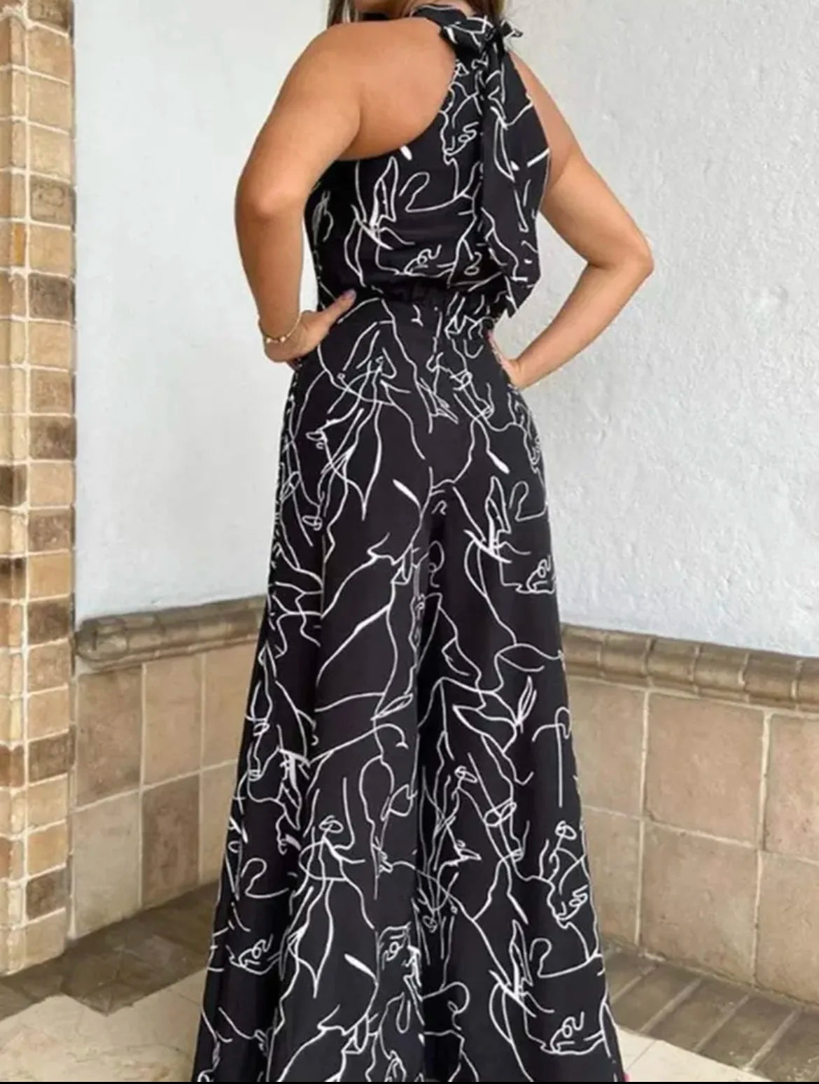 Summer Women's Elegant Waist Halter Jumpsuit Tie Sleeveless Wide Leg Long Pant Bodycon Abstract Print Streetwear Romper Mujer