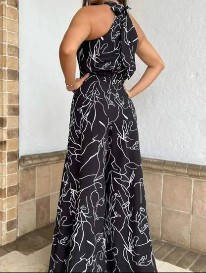 Summer Women's Elegant Waist Halter Jumpsuit Tie Sleeveless Wide Leg Long Pant Bodycon Abstract Print Streetwear Romper Mujer