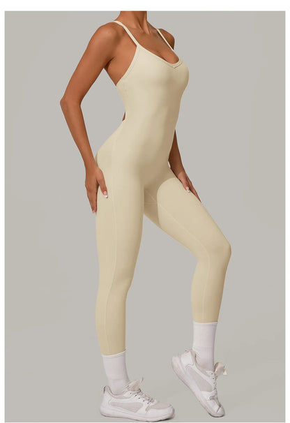 New Nylon Pad V-Neck Wrap Yoga Bodysuit - Adjustable Hook Tummy Control Butt Lift Workout Jumpsuit