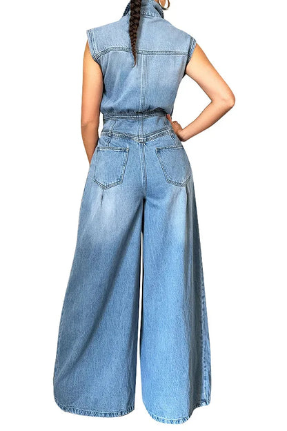 Washed Denim Jumpsuits Women Fashion Lapel Button High Waist Sleeveless Jumpsuit Streetwear Spring Summer New Female Clothing