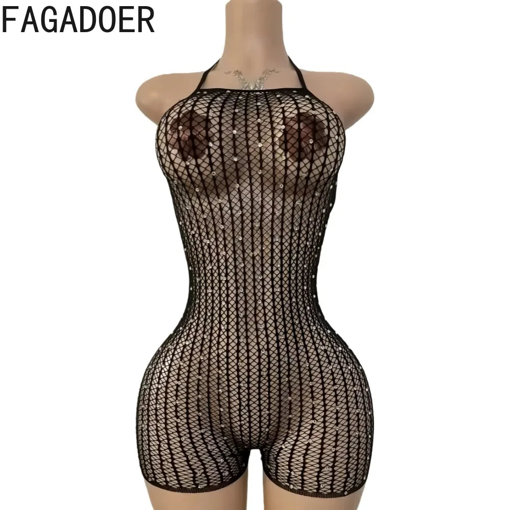 FAGADOER Sexy Hollow-out Rhinestone Patchwork Bodycon Rompers Woman Halter Sleeveless Backless Jumpsuits Female Party Clubwear