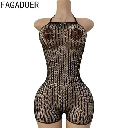 FAGADOER Sexy Hollow-out Rhinestone Patchwork Bodycon Rompers Woman Halter Sleeveless Backless Jumpsuits Female Party Clubwear