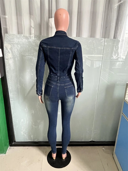 Streetwear Jean Jumpsuits Fall Clothes Women Full Sleeve Bodycon Pencil Pants Denim Rompers Playsuits One Pieces Overalls Outfit