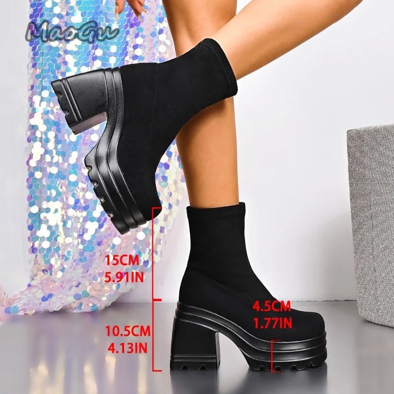 Short/Long Suede Leather Black Boots for Women Chunky High Heel Knee-High Boots Wedges Women's Fashion Shoes Size 35 Botas Mujer