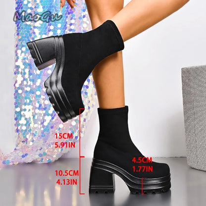 Short/Long Suede Leather Black Boots for Women Chunky High Heel Knee-High Boots Wedges Women's Fashion Shoes Size 35 Botas Mujer