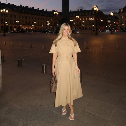 Women's Trench Style Midi Dress Stand Collar Cape Overlay Short Sleeve Belted Waist A‑Line Dresses Autumn Elegant Office Outfits