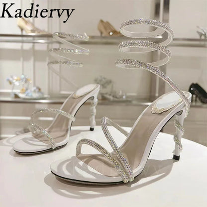 Luxury High Heels Sandals Woman Rhinestone Snake Twine Around Ankle Strap Wedding Shoes Stiletto Summer Gladiator Sandals Women