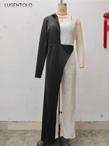 Women One Long Sleeve Strapless Sequined Blazer Wide Leg Jumpsuits 2025 Evening Party One Piece Set Romper Playsuit