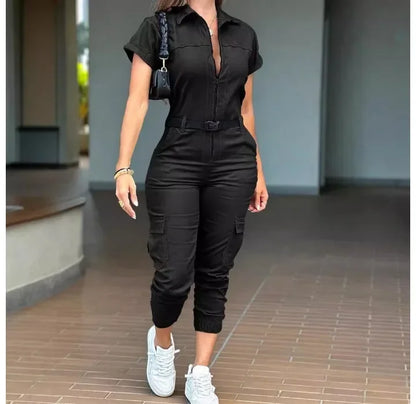 Fashion Women's Jumpsuit New Sexy Zipper Workwear Short Sleeved Lapel Multi Pocket Waistband Bodysuit Pants Female 2024 Summer