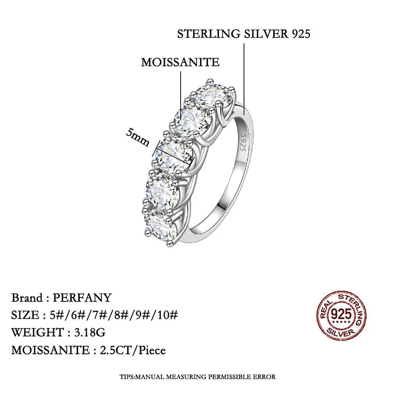 PERFANY 2.5/5CT Moissanite Ring For Women S925 Pure Silver Five Gemstone Ring Luxury Wedding High-end Jewelry
