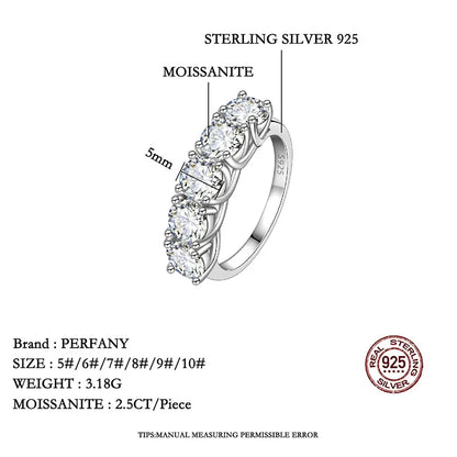 PERFANY 2.5/5CT Moissanite Ring For Women S925 Pure Silver Five Gemstone Ring Luxury Wedding High-end Jewelry