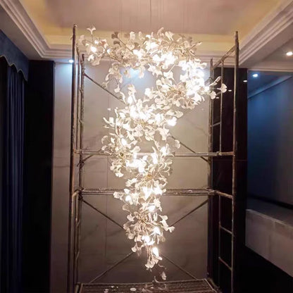 Staircase Ginko Leaf Chandelier Light For High Ceiling Staircase Loft Living Room Hotel Lobby Stairway Luxury Branch Chandeliers