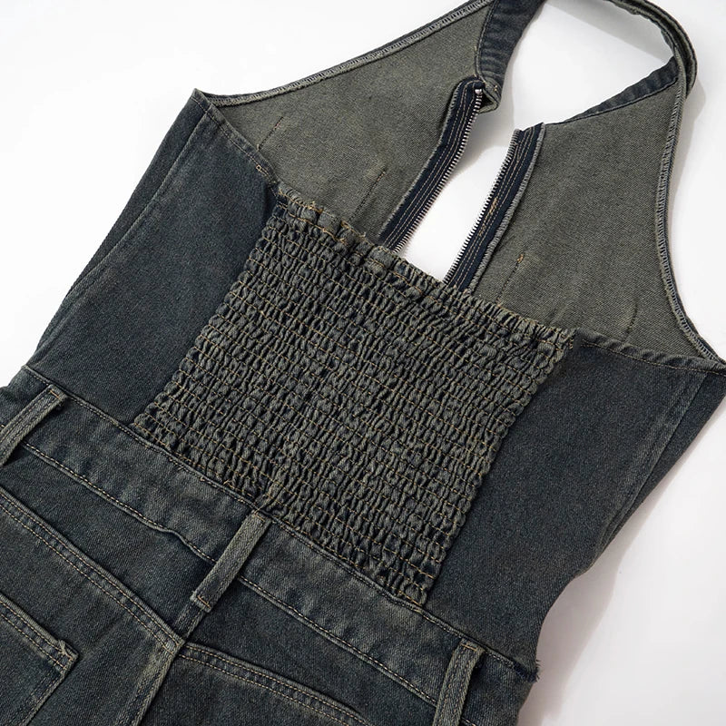 Sexy Blue Lapel Deep V Zipper Jumpsuit For Women Sleeveless Backless High Waist Hemmed Shorts Leisure Party Club Denim Jumpsuit