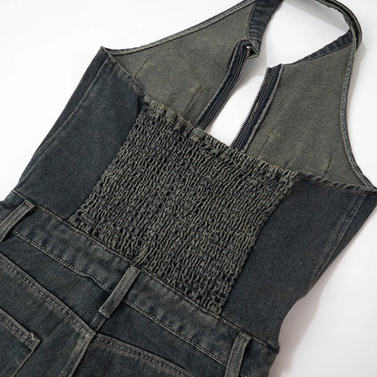 Sexy Blue Lapel Deep V Zipper Jumpsuit For Women Sleeveless Backless High Waist Hemmed Shorts Leisure Party Club Denim Jumpsuit