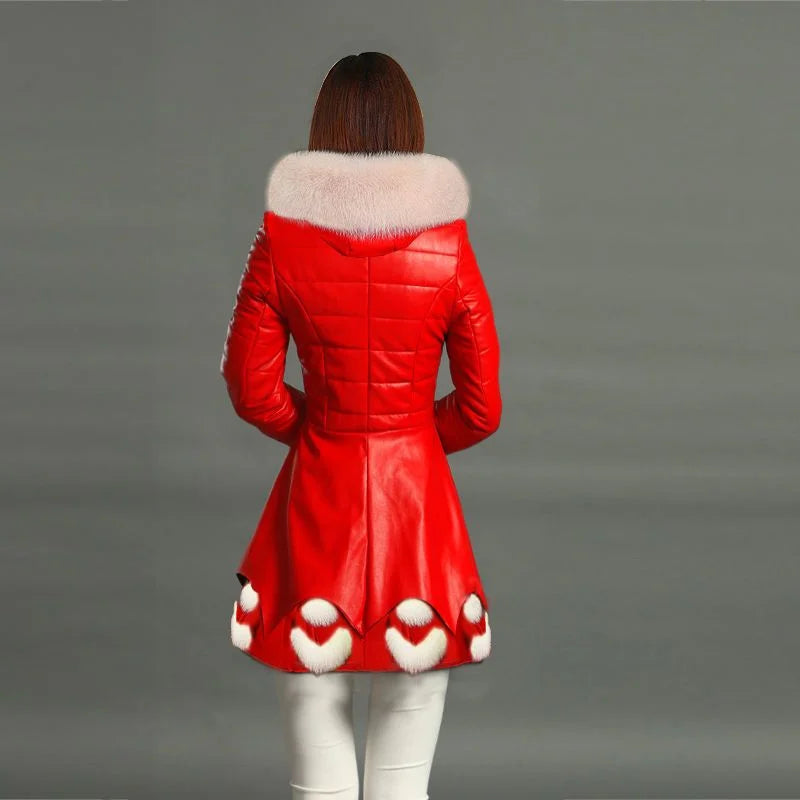 2026 Women Winter Jacket Coat Fashion Leather Cotton Coat Parker Mid Long Imitation Fox Fur Hooded Slim Warm PU Leather Overcoat