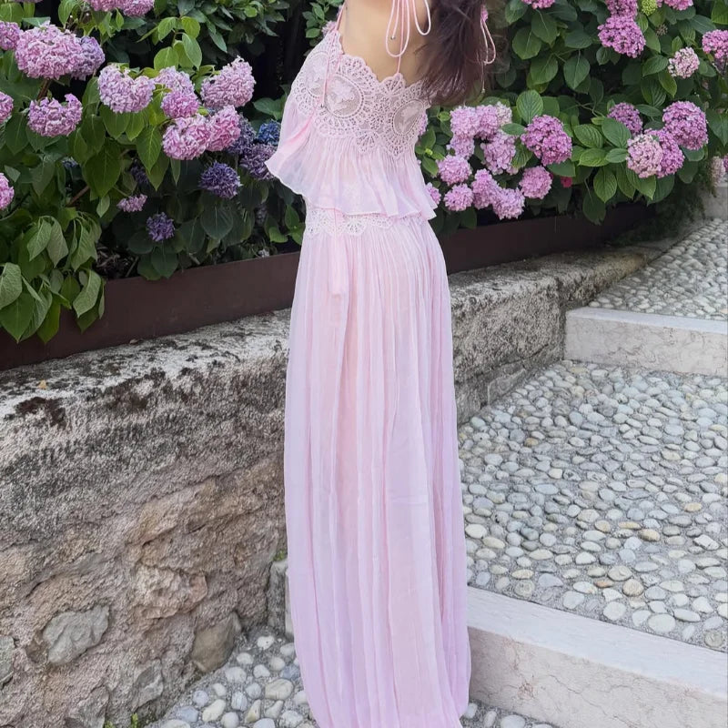 Beach Pink Lace Spliced Women's Set Summer See Through Strap Tank Top Pleated Lantern Pants Sets Lady New Casual Vacation Outfit