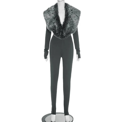 FLARORA Luxury Faux Fur Furry Patchwork Jumpsuits Woman Deep V-Neck Long Sleeve Slim One Piece Rompers Midnight Party Clubwear