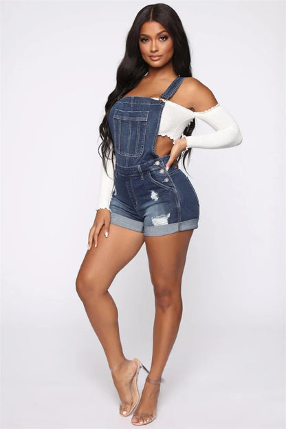 Streetwear Denim Ripped Suspender Rompers Playsuits Summer Clothing Women 2025 Jean Shorts Jumpsuits One Pieces Overalls Outfits