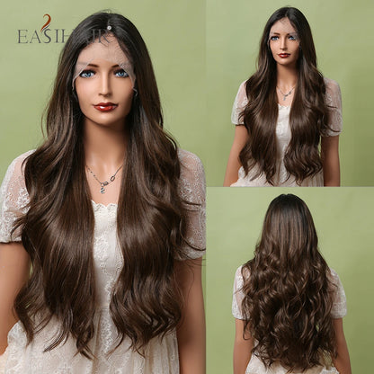 EASIHAIR Lace Front Hair Wigs Brown Long Straight Synthetic Lace Wigs for Black Women Daily Cosplay Party Heat Resistant Fibers