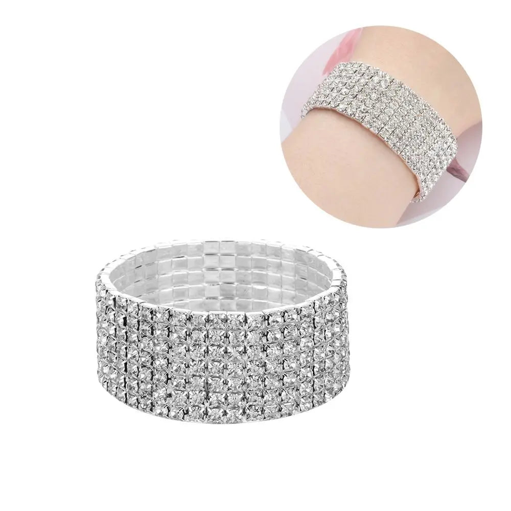 1-10 Rows Fashion Jewelry Bridal Wristband Crystal Rhinestone Elastic Bangle Stretch Bracelet Wedding Bridal Jewelry