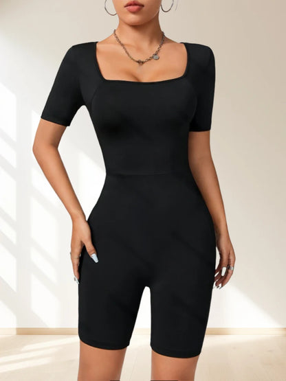 Women's Jumpsuit Suitable For All Seasons Slim Fit Simple Knit High Elasticity Square Neck Short Sleeved Top And Shorts Jumpsuit