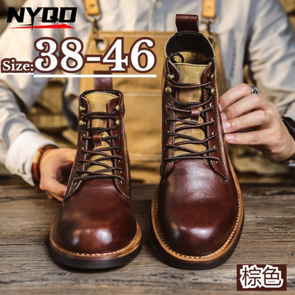 Men's Vintage Genuine Leather Motorcycle Boots, Round Toe British Style Work Ankle Boots