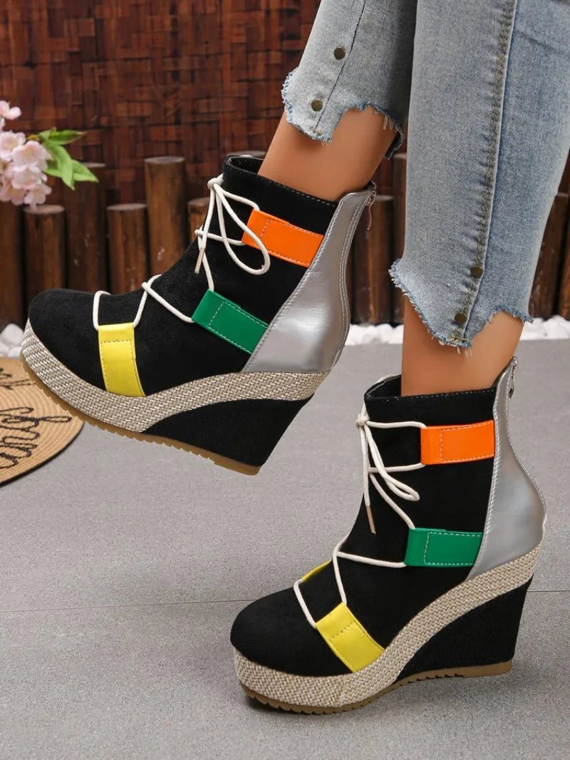 Women's Ankle Boots Wedge Heel Round Toe Platform Shoes Suede-Look Lace-Up Back Zipper Woven Trim Casual Street Style Footwear