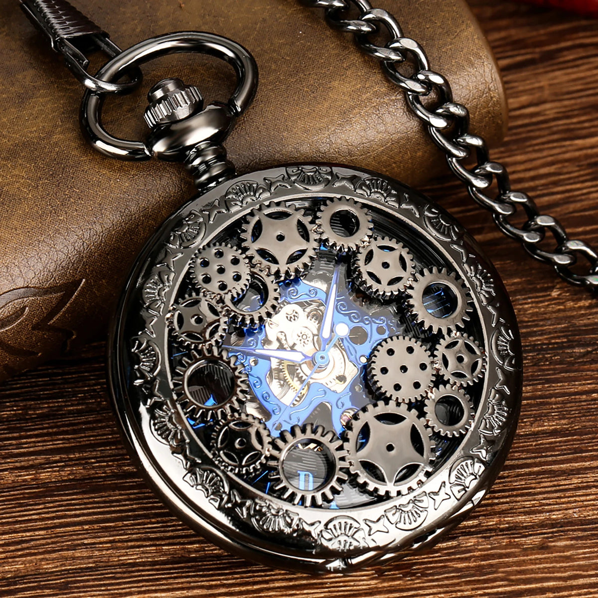 Manual Men's Mechanical Pocket Watch Hollow Design Roman Numerals Vintage Metal Pocket Watch Clock Chain Pendant Blue