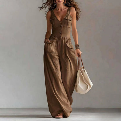 Sleeveless Women's Jumpsuit Featuring V-Neck, Button Decor, Wide-Leg Design and Pockets, Perfect for Casual Summer Beach Outings