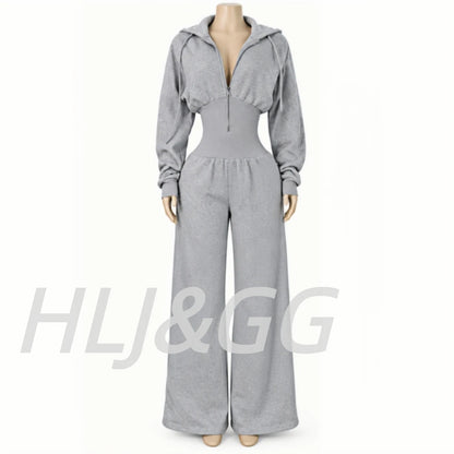 HLJ&GG Autumn Light Fleece Hooded Wine Leg Pants One Piece Jumpsuits Women Zipper Long Sleeve High Waist Sweat Sport Sportswears