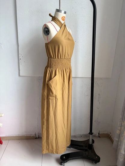 Retro Solid Women's Loose Wide Leg Jumpsuit Fashion Neck Hanging Design Sexy Backless Romper With Pocket Ladies Office Jumpsuits
