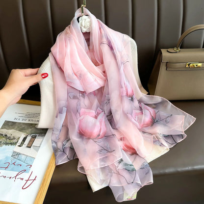 130*180cm Fashion Spring Summer Women Floral Printing Beach Silk Scarf Shawls Female Long Wraps Beach Sunscreen Hijab Lady