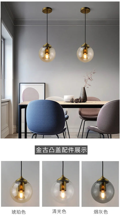 Modern Simple Glass Chandelier Bar Counter Restaurant Gold Hanging Lights Silver Metal Amber Ashtray Ball Glass Suspension Lamp
