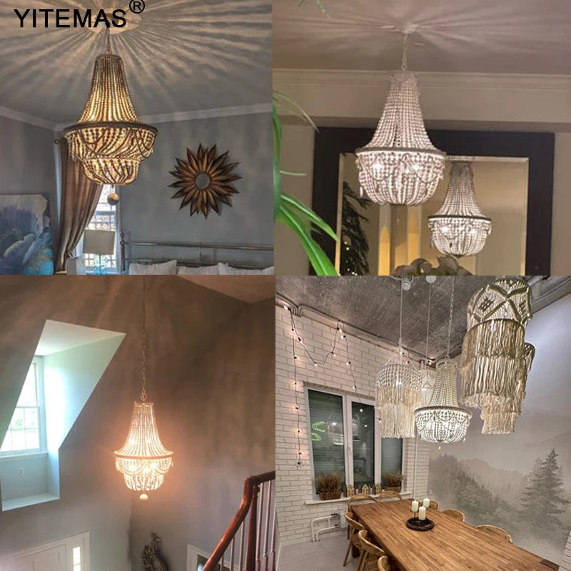 French Country white wood Bead Chandelier dining room bedroom princess Decorative chandelier 3/5 lights hanging light fixture