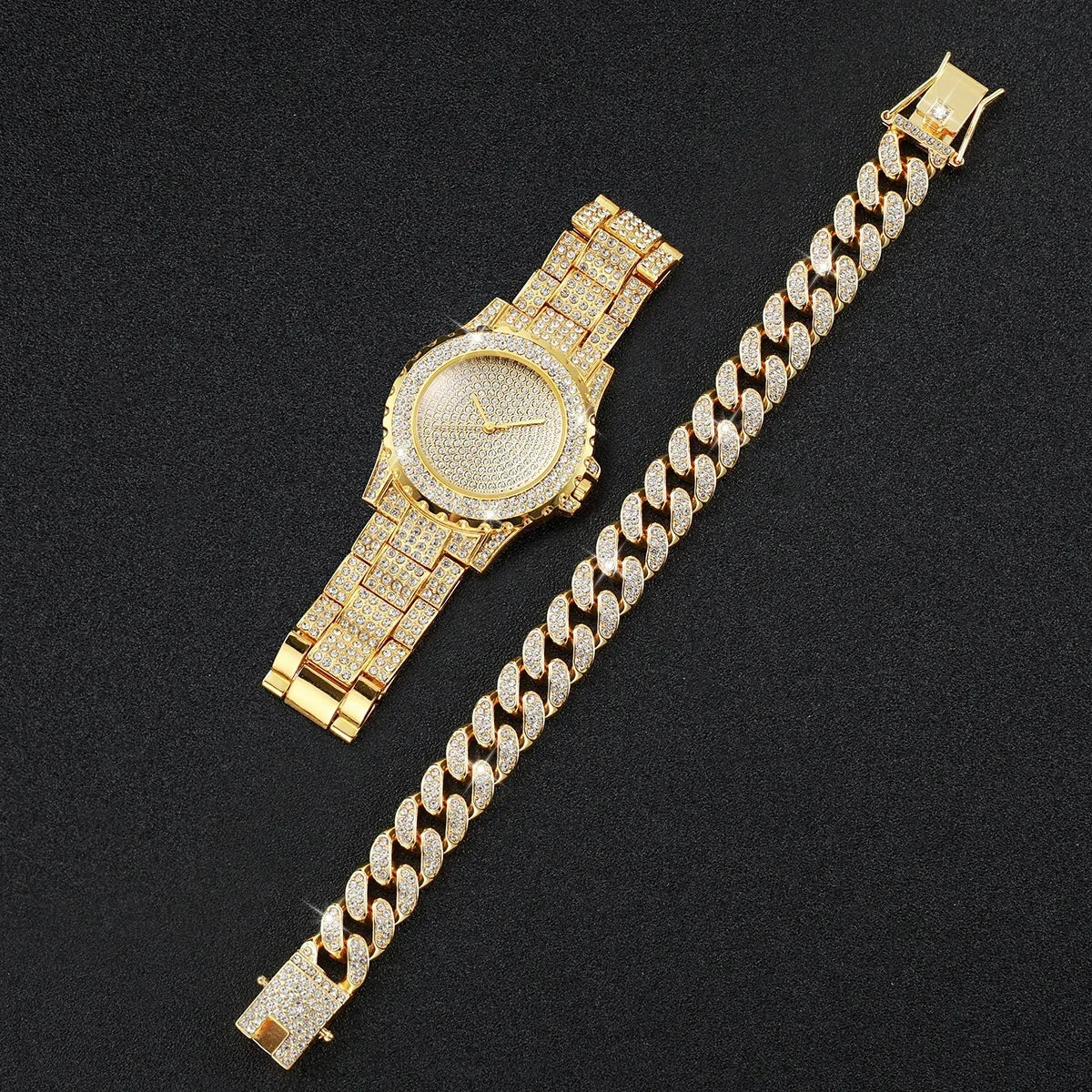 ABC2 Pcs Luxury Full Diamond Men's Watches Steel Band Gold Analog Watch Quartz Bracelet Set Men's Watch Homo Watch