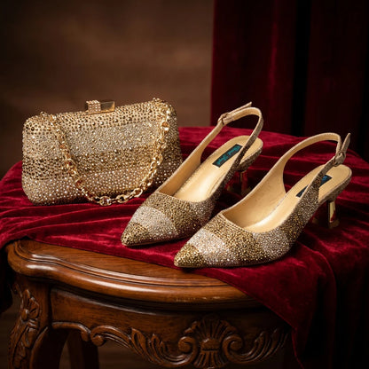 2026 Nigerian Women Heel Ladies Italian Luxury Design Green Shoes And Bag Set Decorated with Rhinestone Handbag Wedding Party