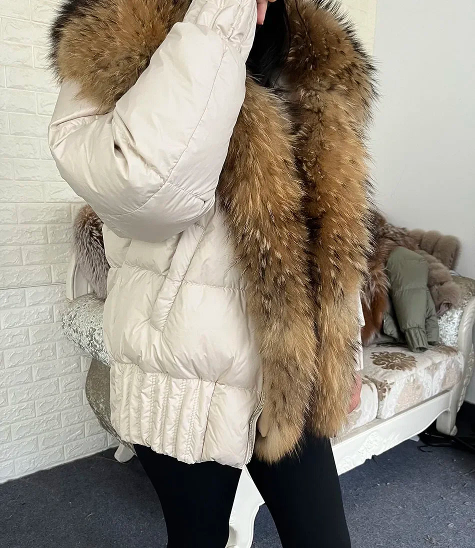 MMK 2023 Winter Women Warm White Duck Down Jacket Natural Real Fox Fur Collar Hood Puffer Coat Thick Luxury Outerwear